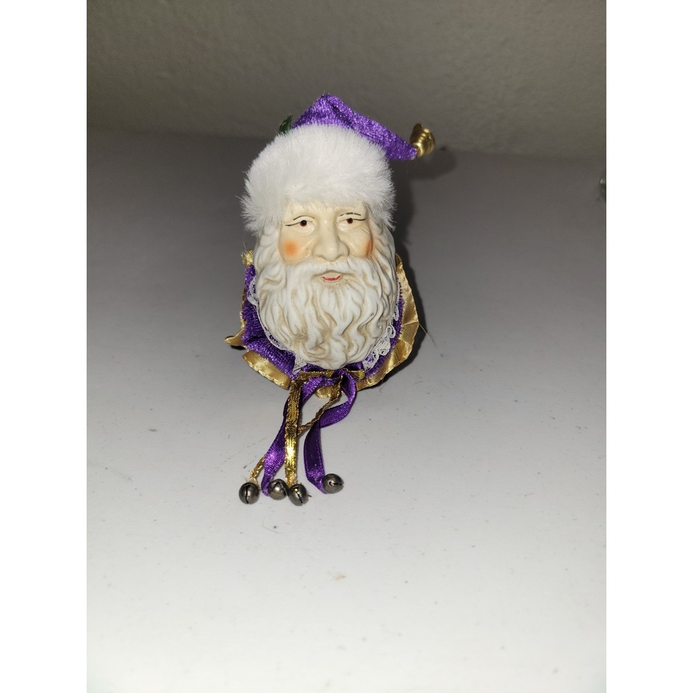 Vtg Porcelain Santa Claus Head w/ Purple "Velvet"‎ Suit Ball Ornament